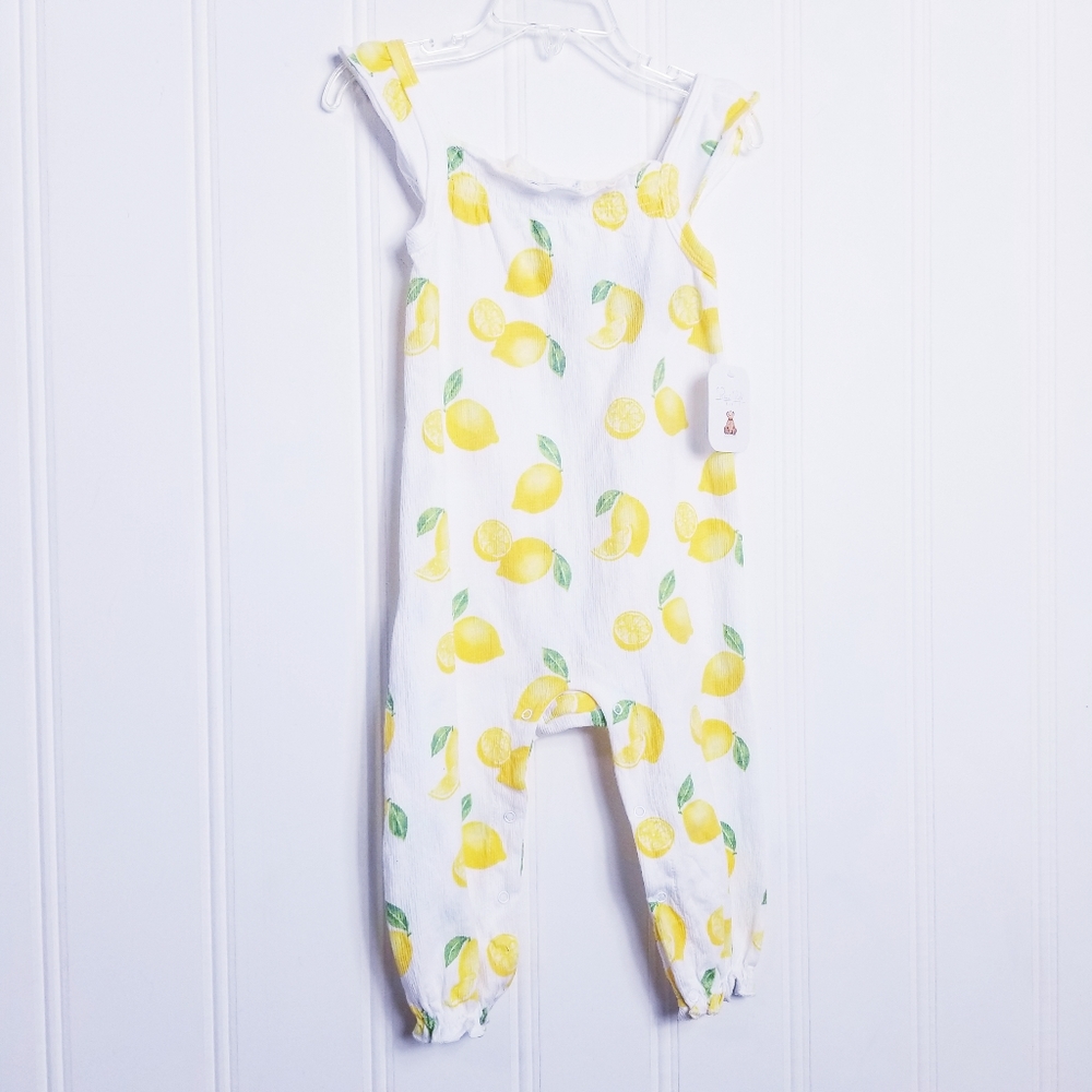 Rene' Rofe Jumper Baby Girl Size 18 M Yellow Whiite Ruffled Lemon Print Onesie